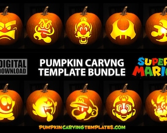 May include: A set of 8 printable pumpkin carving templates featuring characters from the Super Mario video game franchise. The templates include Mario, Luigi, Bowser, Peach, Toad, Goomba, Boo, and a question block.  DIGITAL DOWNLOAD. PUMPKIN CARVING TEMPLATE BUNDLE SUPER MARIO