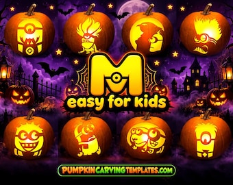 May include: A collection of eight orange pumpkins with carved Minion character designs, illuminated from within. The center features a large yellow letter M logo with the text easy for kids and the website PUMPKINCARVINGTEMPLATES.COM below.