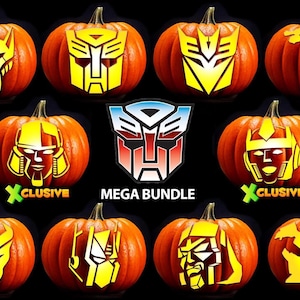 May include: Ten orange pumpkins arranged in a grid, each featuring a unique yellow stencil design of a robot character or logo. A central emblem displays a red, white, and blue robot face logo above the text MEGA BUNDLE.
