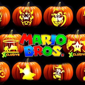 May include: A selection of carved pumpkins with designs from the "Mario Bros." video game. The pumpkins showcase characters like Mario and Bowser, along with other game symbols. The "Mario Bros." logo is prominently displayed in the centre.