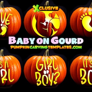 Baby op kalebas jongen meisje zwangere liefde geslacht onthullen POMPOEN CARVING SJABLOON stencil bundel Instant Digitale Download Print Home Halloween