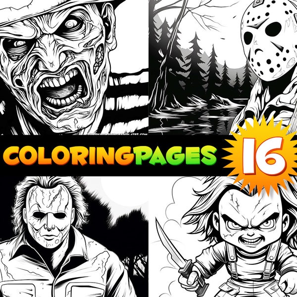 Instant Halloween Fun Scary HORROR MOVIE KILLERS Jason Freddy Chucky Michael Myers Download Print Coloring Pages Children Adults Print Home