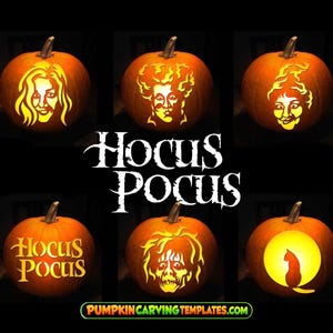May include: Six orange pumpkins carved with Hocus Pocus designs, including three portraits of women, a cat silhouette, and the text Hocus Pocus. The center features the white text Hocus Pocus, and the bottom displays PUMPKINCARVINGTEMPLATES.COM.