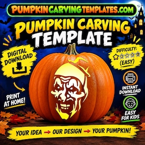 May include: A digital pumpkin carving template featuring a clown face design. The graphic includes text reading PUMPKIN CARVING TEMPLATES.COM, PUMPKIN CARVING TEMPLATE, DIGITAL DOWNLOAD, DIFFICULTY: EASY, PRINT AT HOME, and YOUR IDEA -> OUR DESIGN -> YOUR PUMPKIN.