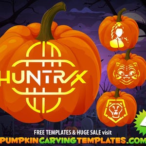 May include: Four orange pumpkins featuring carved designs. The largest pumpkin displays the yellow text HUNTRVX. Smaller pumpkins show carvings of a person, a cat-like face, and a geometric lion head. Text at the bottom reads PUMPKINCARVINGTEMPLATES.COM.