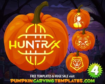 May include: Four orange pumpkins featuring carved designs. The largest pumpkin displays the yellow text HUNTRVX. Smaller pumpkins show carvings of a person, a cat-like face, and a geometric lion head. Text at the bottom reads PUMPKINCARVINGTEMPLATES.COM.