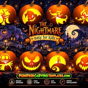 May include: A digital collection of eight orange pumpkins featuring carved silhouettes of characters from The Nightmare Before Christmas, with the text The Nightmare easy for kids and the website PUMPKINCARVINGTEMPLATES.COM displayed prominently.