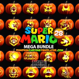 May include: A digital collection of 28 pumpkin carving templates featuring Super Mario characters and icons. The image displays orange pumpkins with glowing yellow cutouts of various game figures, with the text Super Mario Mega Bundle.
