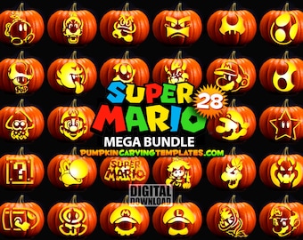 May include: A collection of 28 orange pumpkins carved with various Super Mario character designs, illuminated from within. The center text reads Super Mario 28 Mega Bundle, with the website address PUMPKINCARVINGTEMPLATES.COM and Digital Download.