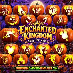 Könnte beinhalten: Eine Sammlung orangefarbener Kürbisse mit verschiedenen Disney-Figurenschnitzereien, die von innen beleuchtet sind. Der zentrale Text lautet ENCHANTED KINGDOM easy for kids, mit PUMPKINCARVINGTEMPLATES.COM unten auf violettem Grund.