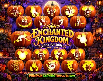 May include: A collection of orange pumpkins with various Disney character carvings illuminated from within. The central text reads ENCHANTED KINGDOM easy for kids, with PUMPKINCARVINGTEMPLATES.COM at the bottom against a dark purple background.