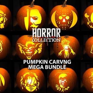 May include: A collection of carved pumpkins with various horror movie character designs. The pumpkins are illuminated from within, showcasing intricate details. Text on the image reads "HORROR COLLECTION" and "PUMPKIN CARVING MEGA BUNDLE."