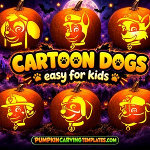 MALL FÖR PUMPASKÄRNING Schablonpaket Direkt Digital Nedladdning Skriv ut hemma idag Halloween Kul Hela Familjen Enkel Hund Supertass Tecknad