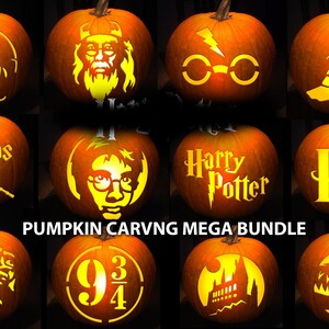 May include: A collection of twelve orange pumpkins featuring various carved designs including character portraits, a lightning bolt, glasses, a sorting hat, the text Lumos, Harry Potter, HP, 9 3/4, a castle, and an owl, with the text PUMPKIN CARVNG MEGA BUNDLE.