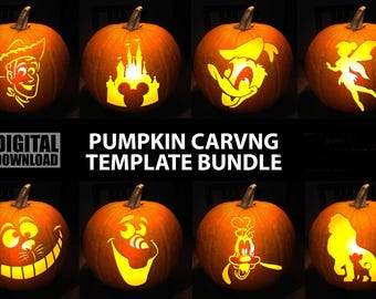 May include: A digital download pumpkin carving template bundle featuring eight orange pumpkins illuminated from within, each displaying a unique character or icon silhouette including a cowboy, castle, duck, fairy, cat, snowman, dog, and lion.
