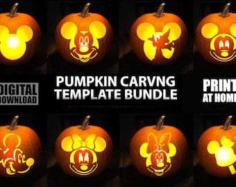 May include: A digital download pumpkin carving template bundle featuring eight orange pumpkins with illuminated character silhouettes. Text reads: PUMPKIN CARVNG TEMPLATE BUNDLE, DIGITAL DOWNLOAD, and PRINT AT HOME. Designs include various mouse-themed icons.