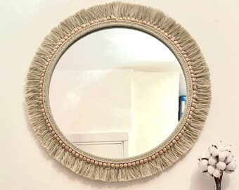 Large Round Mirror, Green Soft Macrame Mirror, Beaded Macrame Wall Decor, Bedroom Decor, Housewarming Gift, Boho Mirror, Next Day Shipping