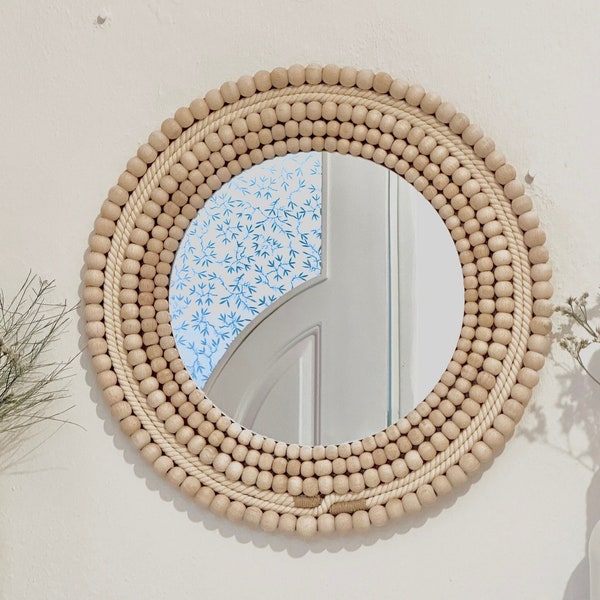 Bead Mirror Hanger , Housewarming And Mother's Day Gift , Natural Wood Wall Decor , Bead Mirror , Nursery Wall Decor ,  Baby Room Decor