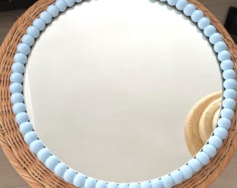 Large Beaded Wall Mirror, Baby Room Mirror, Baby Gift, Baby Blue Wall Decor, Boho Mirror, Housewarming Gift, Wood Decor, Express Shipping
