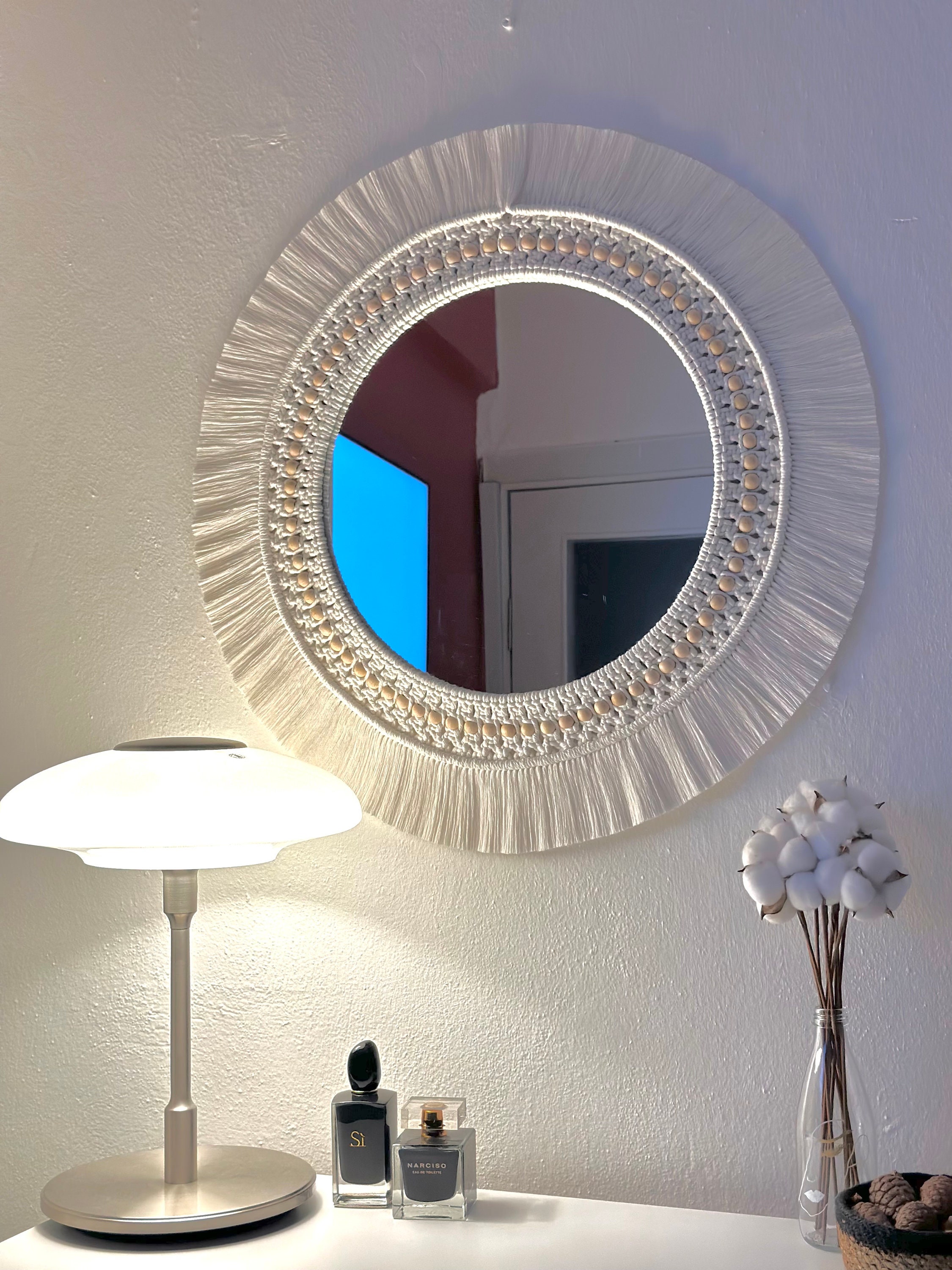 White Macrame Mirror , Large Round Mirror , Kids Room Wall Decor ...