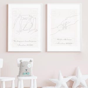 Juego de 2 impresiones de arte mural: Madre con bebé | Dibujo de líneas finas | Personalizado con nombre y fecha de nacimiento