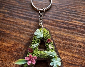 Mini Moss Letter Keychain, Personalized Initial Keychain, Wooden Letter Keychain, Gift for Her, Cute Bag Charm, Nature Inspired Gift