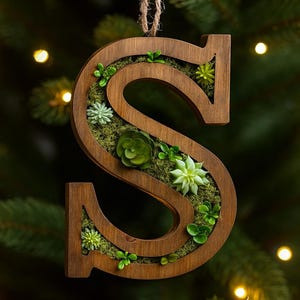 Op de afbeelding: Houten letter "S" ornament, gevuld met groen mos en kleine vetplanten. De bruine houten letter wordt opgehangen met een touwtje, ideaal voor feestdagen of woondecoratie. De achtergrond is een wazig groen.