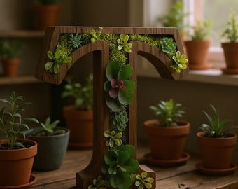 Fillable Wooden Letter T | Wooden Succulent Monogram
