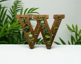 Fillable Wooden Letter W | Wooden Succulent Monogram