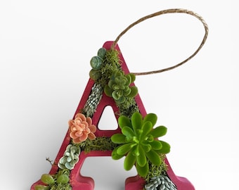 Rosa Alla hjärtans dag-bokstavsprydnad med suckulenter | Personlig initialprydnad | Rustik Alla hjärtans dag-dekoration | Anpassad namnbokstav