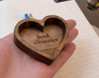 Engraved Wooden Heart Dish | Funny 'Book Allowance' Trinket Tray