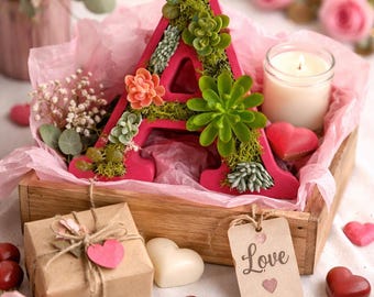 Personalized Valentine Wooden Letter Planter – Moss & Succulent Decor