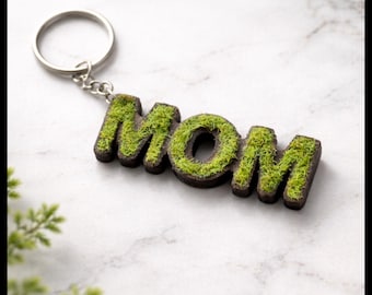 MOM Keychain, Moss Keychain, Gift for Mom, Personalized Wooden Keychain, Mother’s Day Gift, New Mom Gift, Boho Bag Charm