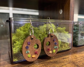 Wooden Artist Palette Earrings | Rainbow Moss, Art Teacher Gift