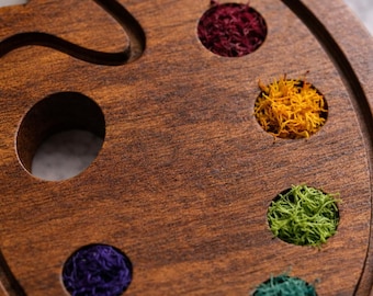 Walnut Artist Palette Pin – Handmade Wooden Brooch with Colorful Moss