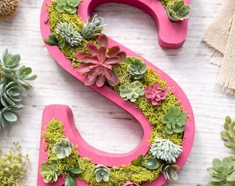 Personalized Valentine Wooden Letter Planter – Moss & Faux Succulents