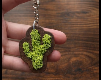 Gift for Her Cactus Keychain, Wooden Moss Keychain, Plant Lover Gift, Cute Bag Charm, Boho Keychain, Handmade Stocking Stuffer