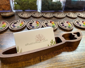 Handmade Wooden Paint Brush Business Card Holder – Artist Desk Decor