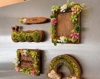Juego de imanes de nevera de primavera, imanes de musgo de madera, imanes decorativos de suculentas, regalo para mamá, decoración rústica de cocina, imán de musgo arcoíris, regalo hecho a mano