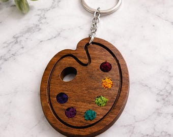 Wooden Artist Palette Keychain – Walnut Stain with Colorful Moss Inlay