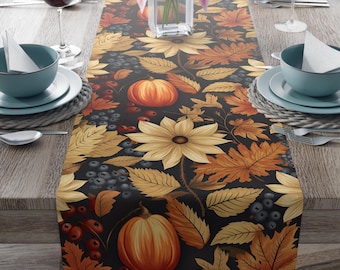 Fall Pumpkin Table Runner: Rustic Autumn Leaves & Berries Thanksgiving Decor