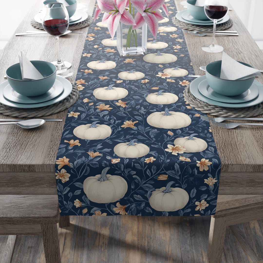 Blue and White Pumpkin Table Runner | Fall Farmhouse Decor - Etsy