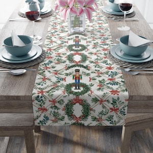 May include: A festive table setting featuring a white table runner with a repeating pattern of green wreaths, red bows, and nutcrackers. The table is set with teal-colored bowls, plates, and wine glasses, creating a holiday theme.