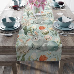 Easter Bunny Table Runner, Spring Decor, Spring Table Runner, Pastel Tones, Easter Eggs, Polyester Home Decor Kitchen Farmhouse Decor Linens
