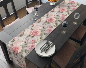 Shabby Chic Wedding Table Runner: Pink Rose Floral Polyester