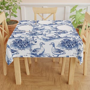 Blue Duck Toile de Jouy Tablecloth: Farmhouse Dining Decor (55.1&quot; x 55.1&quot;)