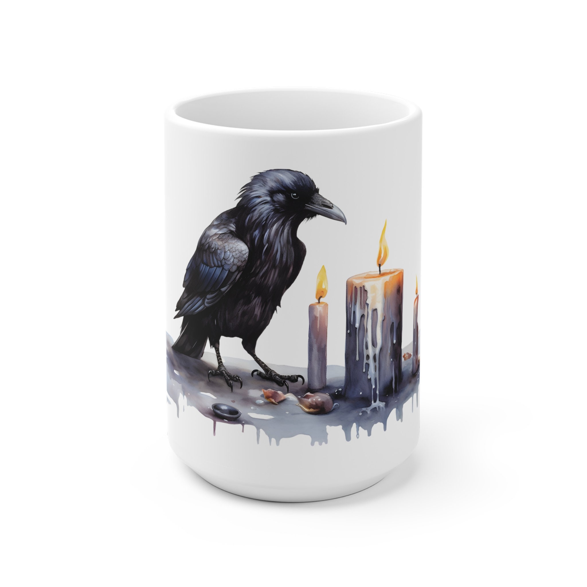 Spooky Raven Coffee Mug, Raven and Melting Candles Mug, Black Raven Painting Print Mug, Dark