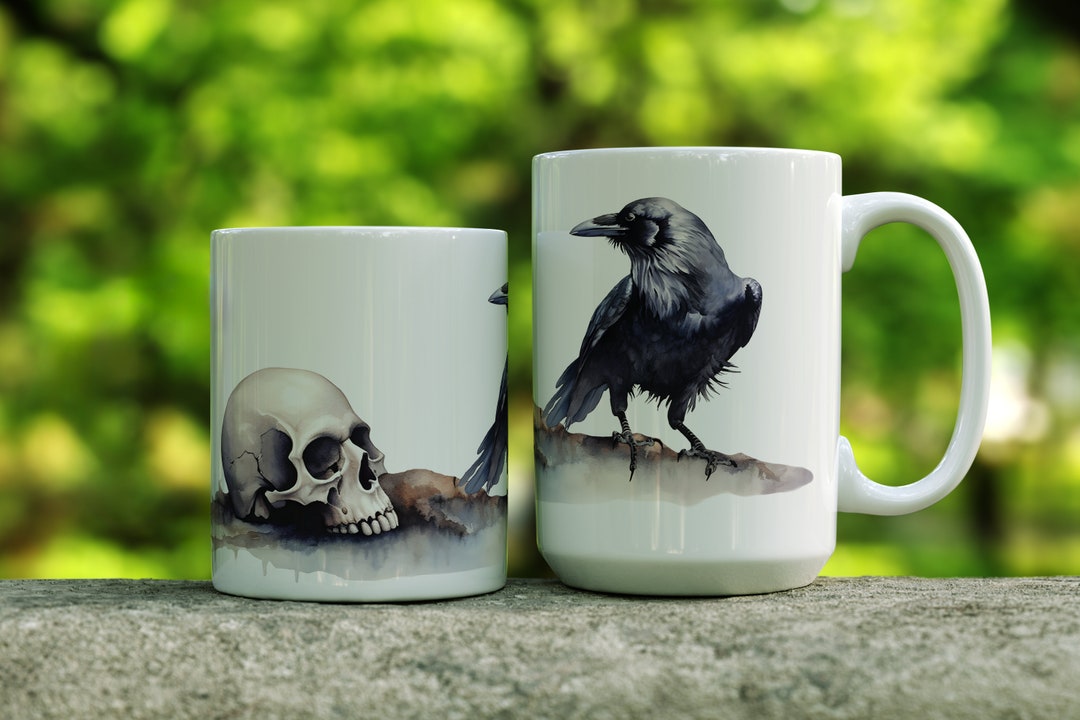 Black Raven Coffee Mug Raven and Skull Mug Spooky Raven Etsy