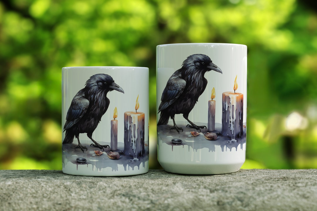 Spooky Raven Coffee Mug, Raven and Melting Candles Mug, Black Raven Painting Print Mug, Dark