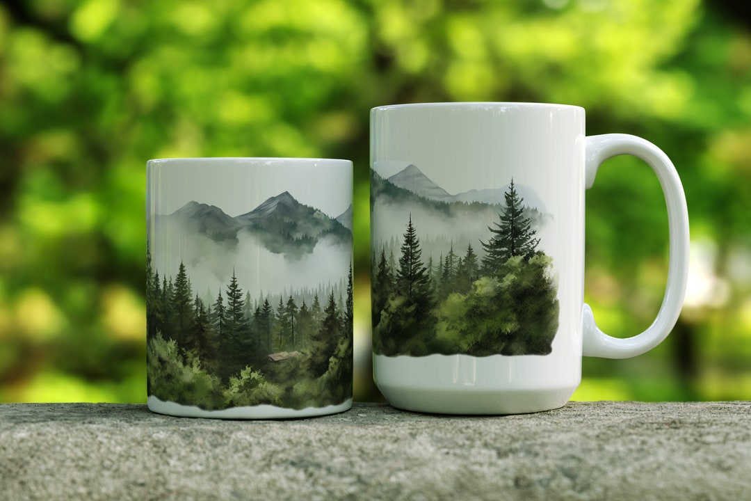Secluded Cabin Mountain Scene Coffee Mug, Green Pine Tree Mountain Mug